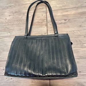 Jack George’s, leather shoulder tote, black, laptop area, basketweave imprinted